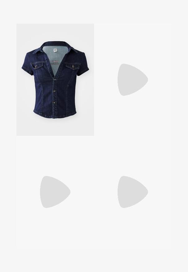 BDG Urban Outfitters POLLY - Button-down blouse - blue; Gray skirt featuring a straight cut, two front pockets, a front button closure, and a subtle texture pattern.; Brown heeled flip-flop sandal with a slender strap and rounded toe post, featuring a small gold accent on the footbed.; Brown oval sunglasses with dark lenses. Frame has a transparent brown material and features a logo printed on the temples.