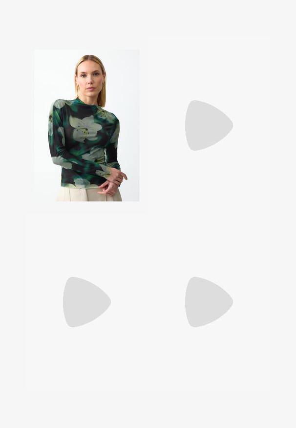 Long-sleeve top in a sheer, lightweight fabric featuring a dark background with large white and green floral patterns. High neckline and fitted design.; Navy blue wide-leg trousers made of soft material, featuring front pleats, a button closure, and two side pockets.; Black leather loafers with a smooth texture, rounded toe, stitched detailing on the upper, and a low, flat rubber sole.; Silver mesh handbag with a structured shape, covered in small, reflective rhinestones. Features a long, embellished handle.