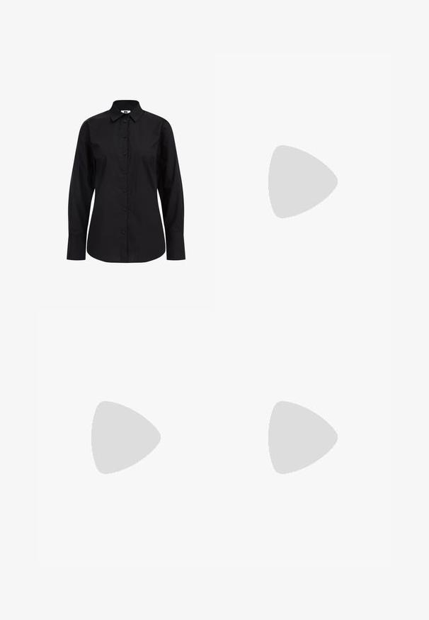 Camicia nera a maniche lunghe con bottoni, realizzata in un tessuto morbido, caratterizzata da un colletto classico, bottoni frontali e una vestibilità tailored.; Pantaloni a zampa d'elefante a coste crema con vita liscia e finitura testurizzata, progettati per un fit confortevole.; Tacchi slingback in pelle verniciata nera con punta affusolata, design con tagli laterali e tacco quadrato piccolo. Texture liscia con dettagli minimi.; Borsa tote in pelle nera con texture liscia, forma rettangolare e due manici lunghi. Nessun hardware o decorazione visibile.