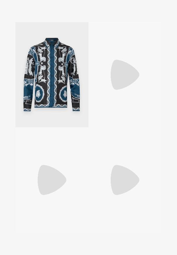 Chemise à manches longues avec une base noire ornée de motifs complexes argentés et bleus, incluant des figures et des bordures décoratives. Col à boutons.; Jean en denim bleu avec une coupe droite, présentant des poches avant, des passants de ceinture et un léger délavage sur les cuisses. Texture de tissu durable.; Chaussures de sport noires avec un mélange de matériaux lisses et texturés, présentant un design distinct, une semelle moulée et des détails de marque proéminents.; Lunettes de soleil avec une monture en métal noir élégant, des verres teintés sombres, un design minimaliste, et des plaquettes de nez réglables pour le confort.