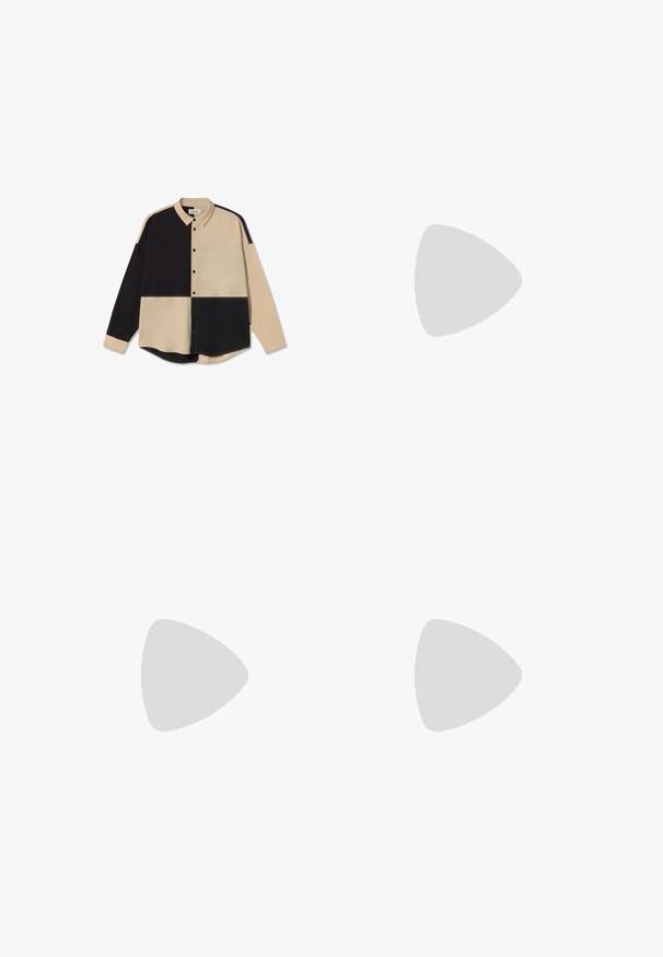 Chemise à manches longues à col pointu avec un design en patchwork, comprenant des sections beiges et noires. Texture lisse avec des boutons.; Pantalons larges noirs avec une texture lisse, dotés de deux plis avant, d'une fermeture à bouton et de poches latérales. Tissu durable.; Sweatshirt vert menthe, shorts en denim et chaussures à enfiler vert olive. Assis sur un bureau en bois clair contre un mur texturé gris.; Lunettes de soleil en écaille de tortue brune avec des verres verts, de forme carrée et avec des accents en métal. Présente un logo sur la branche gauche. Fini mat.