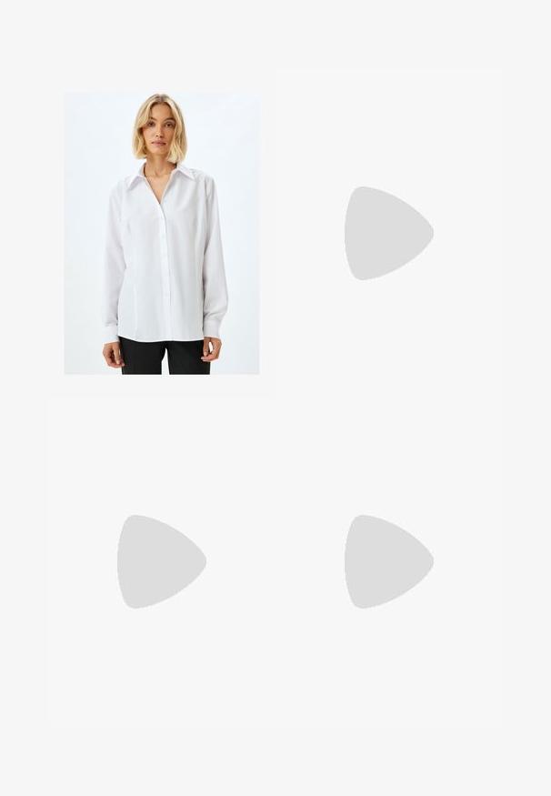 Witte langeknopf shirt met lange mouwen en een kraag, gemaakt van soepel materiaal, met een rechte snit en een minimalistisch ontwerp.; Blauwe uitlopende spijkerbroek met een vervaagde wassing, vijf zakken en een knoopsluiting. Het materiaal heeft een denim textuur met subtiele stikseldetails.; Hardloopschoen met een bovenwerk van mesh in wit en grijs, benadrukt door zwarte details en blauwe strepen. Dikke zool met rubberen grip. Lichtgewicht ontwerp.; schildpadbril met ovale monturen, heldere lenzen en gouden accenten. Bevat gebogen pootjes en een gladde, glanzende afwerking.