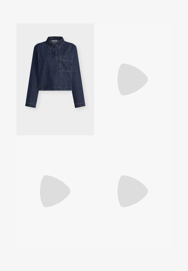 Cămașă de denim scurtată, de culoare albastru închis, cu guler cu nasturi, buzunar frontal și mâneci lungi cu detalii cusute de-a lungul cusăturilor.; Pantaloni negri cu picioare largi, talie înaltă, detalii cu butoane pe talie și pliseuri în față.; Bocanc negru din piele până la gleznă, cu vârful rotunjit, toc bloc de înălțime medie și o bucată de prindere în spate. Textură netedă, design minimalist.; Geantă de umăr din piele neagră, cu o textură netedă, formă rectangulară și un detaliu din lanț metalic în față. Include curea reglabilă.