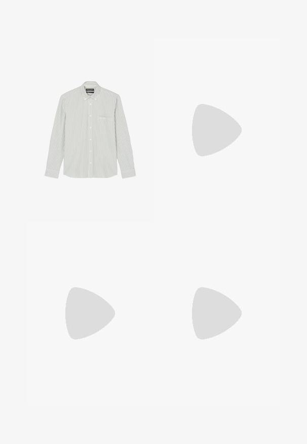 Light green and white striped long-sleeve shirt, featuring a button-down collar, single chest pocket, and button fastenings.; Cream-colored short-sleeve t-shirt featuring a subtle striped texture and a round neckline, made from lightweight fabric.; White linen trousers with a relaxed fit, featuring a drawstring waist, side pockets, and smooth, lightweight texture.; Light beige loafers with a pointed toe, smooth material, a strap across the vamp, and a low brown sole. Simple design with minimal accents.