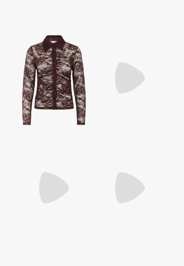 Burgundy lace blouse with long sleeves, featuring a collared neckline, button closure, and floral pattern with gathered detailing.; Burgundy high-waisted jeans with straight leg design, featuring front pockets, a button closure, and copper-tone hardware accents.; Black patent leather ankle boots with a pointed toe and a chunky heel. Smooth texture with a subtle sheen and clean lines, minimalist design.; Brown leather tote bag with a smooth texture, open top design, and two shoulder straps. Features minimal stitching and no visible hardware.