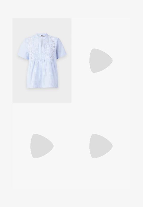 Light blue short-sleeve blouse with white vertical stripes, featuring an embroidered floral pattern on the yoke and button closure.; Light blue flared jeans made of denim with a wide belt loop and a large, square silver buckle. Faded texture near the hem enhances design.; White high-top canvas sneaker with black rubber sole, front rubber toe cap, and six eyelets for laces, featuring a clean, minimalist design.; Olive green corduroy handbag with two front pockets, gold hardware, and a short strap. Worn with a light green striped sweater.