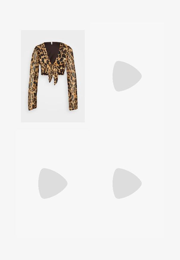 Top corto con stampa leopardata e maniche lunghe e trasparenti. Presenta un profondo scollo a V e un dettaglio con legatura frontale. Colori prevalentemente marrone e nero.; Gonna nera lunga fino alla caviglia realizzata in tessuto leggero, con vita elastica e design arricciato, caratterizzata da una texture liscia e una forma voluminosa.; Mocassini neri con platform, punta rotonda, tomaia in pelle liscia, fibbia regolabile e suola in gomma testurizzata con righe orizzontali.; Occhiali da sole neri con design a occhio di gatto, caratterizzati da lenti scure e finitura opaca. Il nome del marchio "ZIGN" è visibile su un lato.; Orecchini a cerchio in argento con una finitura liscia e lucida. Forma rotonda e chiusura a scatto sicura. Design leggero adatto per l'uso quotidiano.