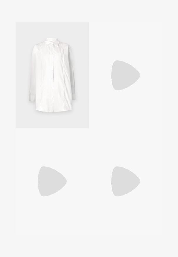 White long-sleeve shirt made of cotton with a classic collar, button-front closure, and vertical pintuck detailing on the bodice.; Wide-leg blue denim jeans with a high waist, featuring a button closure, belt loops, and subtle stitching details along the pockets and hems.; Black patent leather sandal with a wide heel, open toe, and ankle strap featuring a gold buckle. Smooth texture and sleek design.; Brown textured leather crossbody bag with gold chain strap and flap closure. Front features logo detail and a pocket under the flap.