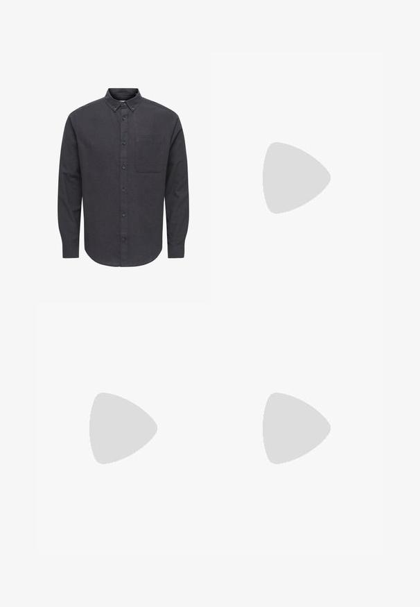 Dark gray button-up shirt made of textured fabric, featuring a pointed collar, long sleeves, and a single left chest pocket.; Skinny jeans in faded gray denim, featuring distressed details at the knees, paired with white sneakers. Smooth texture, slim fit design.; White leather sneakers with perforations, round toe, flat sole, and thick laces, featuring a visible swoosh logo and "AIR" on the heel.; Silver stainless steel wristwatch with a navy blue dial, metallic hour markers, and a date window at 3 o'clock. Water-resistant to 50 meters.