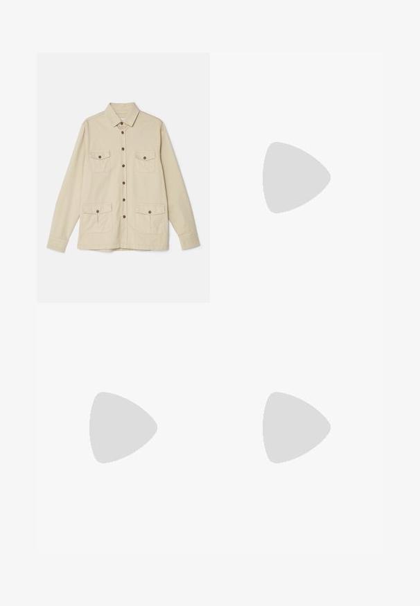 Beige cotton shirt with a collared neck, front button closure, and two chest pockets. Features long sleeves and a relaxed fit.; Filippa K TERRY CROPPED TROUSERS - Trousers - sage melange; White leather sneaker with a smooth finish, round toe, flat laces, and a textured sole. Features a subtle logo on the heel.; Black rectangular sunglasses with dark lenses, thick plastic frame, gold accents on temples, and brand logo engraved on the arm.