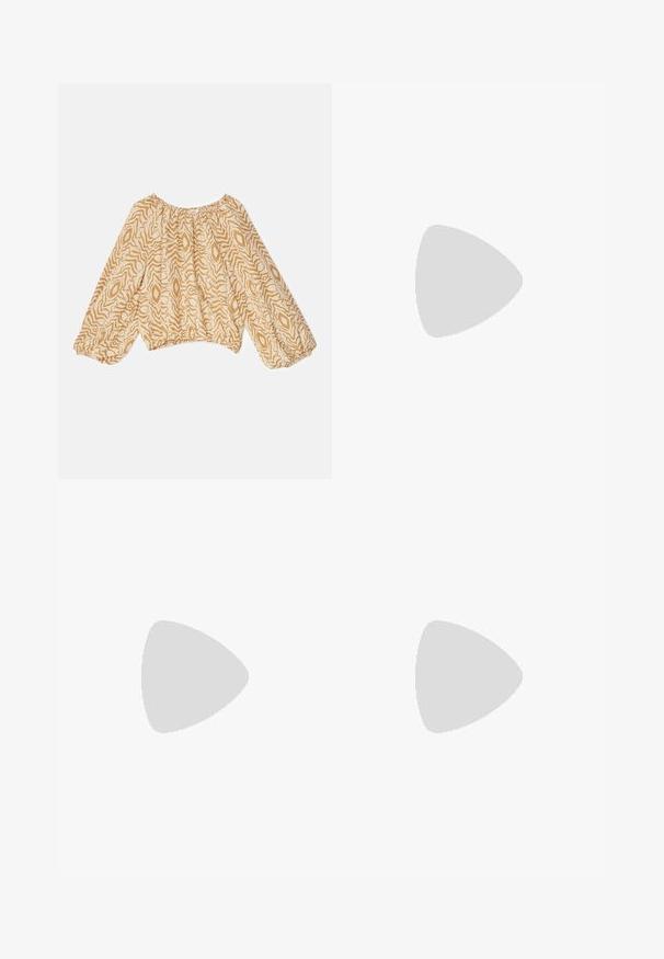 Blusa ligera de color beige con un patrón abstracto en tonos más oscuros y en forma de ondas. Presenta un escote fruncido y mangas amplias con elástico.; Falda midi de satén marrón con una textura suave, con un corte recto y sin patrones ni adornos visibles. Diseño simple y elegante.; Botín negro realizado en cuero brillante, con punta afilada y un detalle decorativo en dorado y plateado en la parte frontal. Diseño de tacón cuadrado.; Pendientes en tono dorado con un diseño fluido y curvado. Cada pendiente cuenta con una superficie lisa y un pequeño cierre con un detalle decorativo.