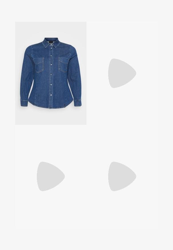 Camisa de ganga em azul escuro, com mangas longas, fecho de botão à frente, dois bolsos no peito e costuras visíveis.; Jeans de perna larga pretos feitos de denim, apresentando uma cintura alta, estilo de cinco bolsos e um fecho em botão de metal com costura contrastante.; Sandal com bico fino e calcanhar baixo, em couro liso, com um design recortado na lateral para respirabilidade.; Bolsa de mão em couro preto com design franzido, fecho de cordão duplo e alça de ombro destacável. Apresenta detalhe em logo metálico.