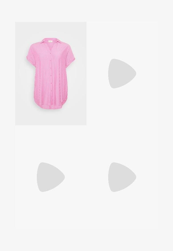 Pink and white striped short-sleeve button-up shirt with a collar and rounded hem. Soft fabric with a relaxed, flowing design.; Light pink, floor-length skirt made of smooth, slightly shiny fabric. Flared silhouette with no visible fastenings or patterns.; Silver strappy sandals with a flat black sole, featuring thin metallic straps and an adjustable ankle buckle. Smooth texture throughout.; Black oversized sunglasses with a geometric design, rectangular lenses, and glossy finish. No visible branding on the front.