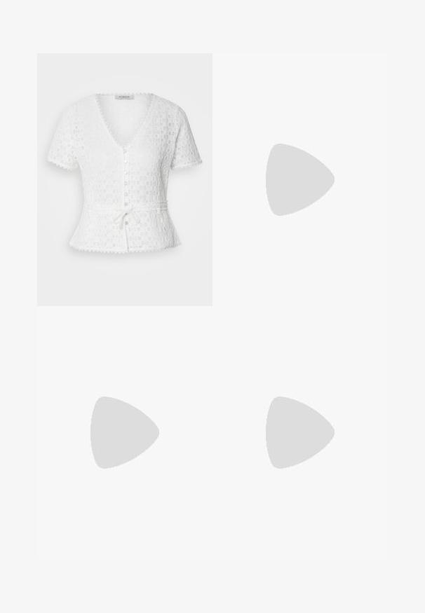 White, short-sleeve blouse with a V-neck, textured floral pattern, button front, and a tied waistbelt. Features scalloped edges.; Black wide-leg trousers with a smooth texture, high waist, and a clean design. No visible pockets or embellishments.; Black leather flat shoe with a pointed toe, low heel, and a slightly open upper design. Smooth texture with minimal stitching details.; Silver metallic bowl with a wavy design, smooth exterior, and textured interior, reflecting light with a polished finish.