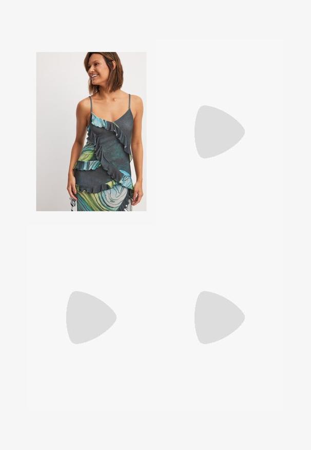 Sleeveless dress with a ruffled design, featuring a dark base, green and blue marble patterns, and a soft texture.; White wide-leg trousers made from a lightweight fabric. Features an elastic waistband with a drawstring and side pockets. Smooth texture.; White heeled sandals featuring a strappy design with a secure ankle strap and a low, clear block heel. Smooth texture with a square toe.; Black sunglasses with rectangular frames, blue-tinted lenses, and a distinctive bridge design. Sleek finish, understated texture.
