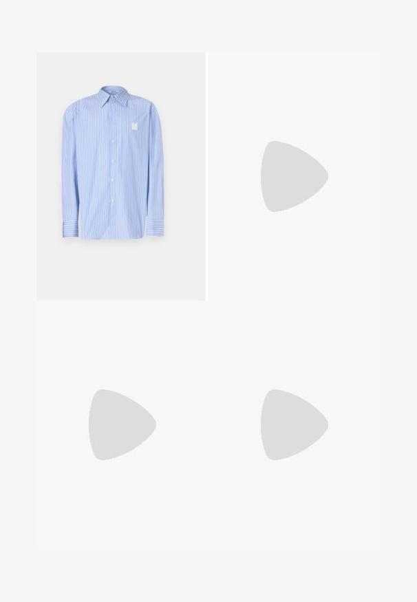 Camicetta a righe blu chiaro in cotone, con colletto a punta, chiusura frontale con bottoni e logo ricamato 'N'. Maniche lunghe con polsini.; Canotta bianca in cotone con scollatura rotonda, spalline larghe e orlo dritto, caratterizzata da una superficie liscia e senza motivi visibili.; Pantaloni corte grigi in cotone con cinturino elastico, dotati di tasche laterali e vestibilità comoda. Texture morbida e design alla lunghezza del ginocchio.; Scarpa sportiva grigia con tomaia in rete, dettagli argentati, colletto imbottito e suola intermedia bianca con suola nera.; Occhiali da sole neri rettangolari con lenti verdi, finitura opaca, dettagli hardware discreti e logo impresso sulla tempia.