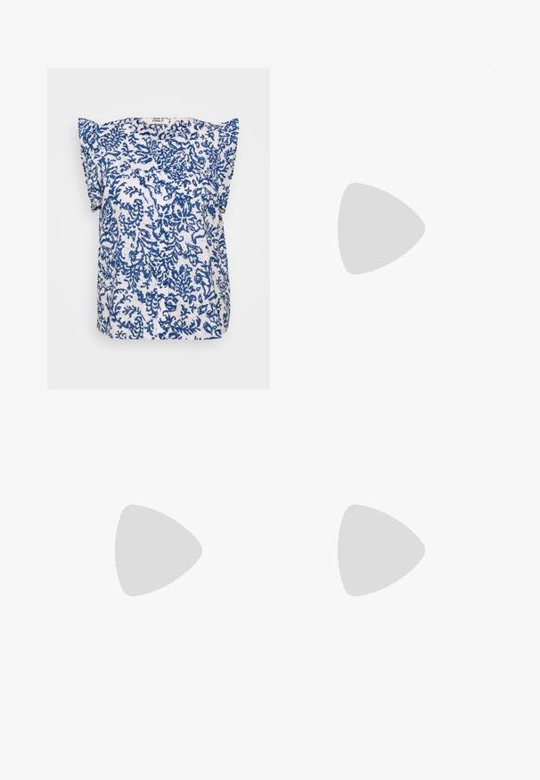 Short-sleeve blouse in white fabric featuring a blue floral pattern, button placket, and ruffled shoulder accents. Lightweight and breathable.; Dark blue high-waist wide-leg jeans with front pockets, belt loops, button closure, and visible stitching on a white background.; Black leather slingback heeled shoe with a pointed toe and a chunky block heel. Features an adjustable strap with a metal buckle.; Silver hoop earrings with a smooth, polished finish. Round shape, lightweight design, featuring a secure clasp mechanism.