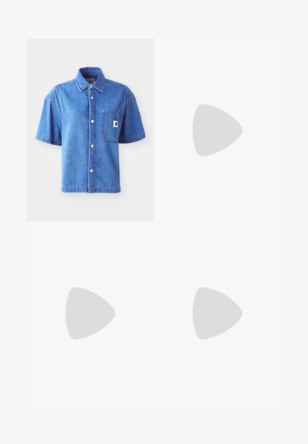 Short-sleeve denim shirt in light blue, featuring a button-up design, chest pocket, and prominent logo patch. Smooth texture and casual fit.; Black cotton t-shirt with a round neck, short sleeves, and a small heart-shaped logo in the upper left. Smooth texture, relaxed fit.; Black wide-leg jeans made of denim, featuring contrasting white stitching and a front button closure, with two angled front pockets.; Black canvas sneaker with a white rubber platform sole, featuring white laces and stitching, iconic branding on side, low-top design.