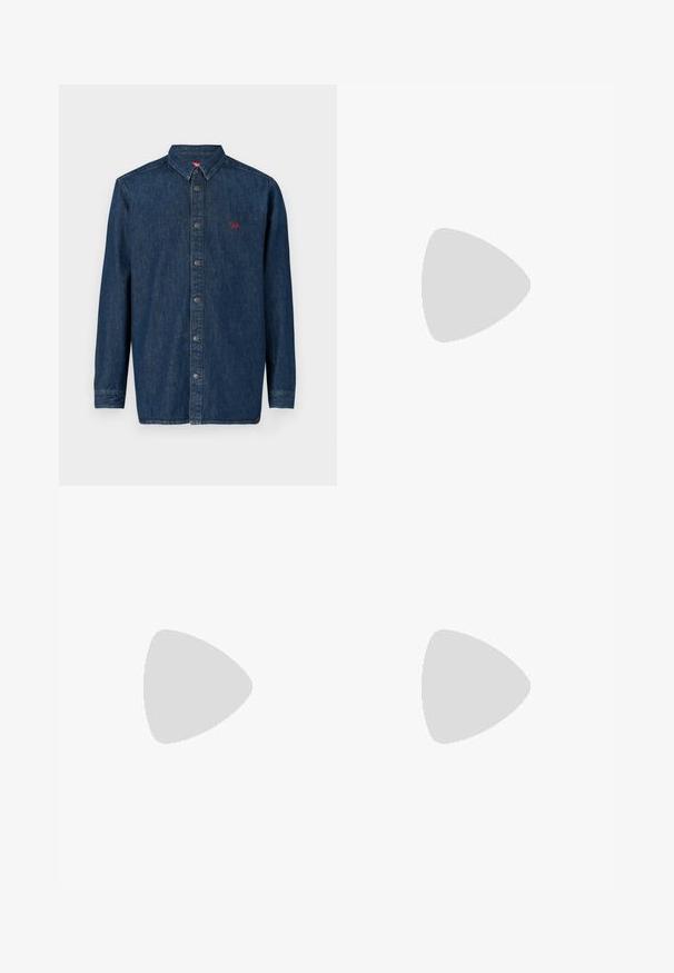 Long-sleeve denim shirt, dark blue, button-down style with a collar, featuring small red logo on the chest and silver buttons.; Light grey denim shorts with a straight cut, five pockets, button closure, and contrasting stitching details.; Lacoste sneakers in dark gray with mesh and synthetic material, featuring a textured sole and brown accents on the collar and branding.; Fanny pack in dark blue tie-dye print with a zippered top, textured material, and a prominent logo detail on the front.