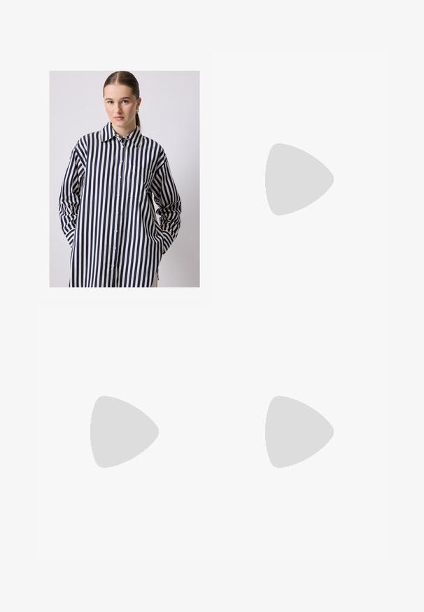 Košile s dlouhým rukávem, vyrobená z lehkého materiálu, s vertikálními námořnickými a krémovými pruhy, zakřiveným lemem a kapsou na hrudi.; K dlouhým rukávům šatům vyrobeným z měkké látky s hnědým a krémovým zebrovým pruhovaným vzorem, s kulatým výstřihem a splývavým siluetou.; Černé síťové pumpy s špičatou špičkou, malým blokovým podpatkem a páskem přes kotník. Vyznačují se hladkou texturou a minimalistickým designem.; Kulaté sluneční brýle hnědé barvy s lesklým burgundským rámem. Úzké nožičky s jemným logem. Rovné čočky.; Sada osmi kovových náušnic ve stříbrných a zlatých odstínech. Obsahuje různé styly kroužků, textury a povrchové úpravy, uspořádané podle velikosti.