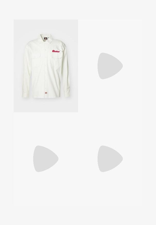 White long-sleeve shirt with two front pockets, embroidered red "Dickies" logo, button-up design, and durable cotton material.; Black shorts with a tailored design, featuring flat front pleats, a standard waistband, and side pockets. Made of sturdy fabric.; Black molded clogs with a smooth texture, back strap for stability, and a ridged sole for grip. Features a small logo on the side.; Black fabric bag with a textured, quilted pattern. Rounded shape, short, thick handles, and a soft, flexible structure.