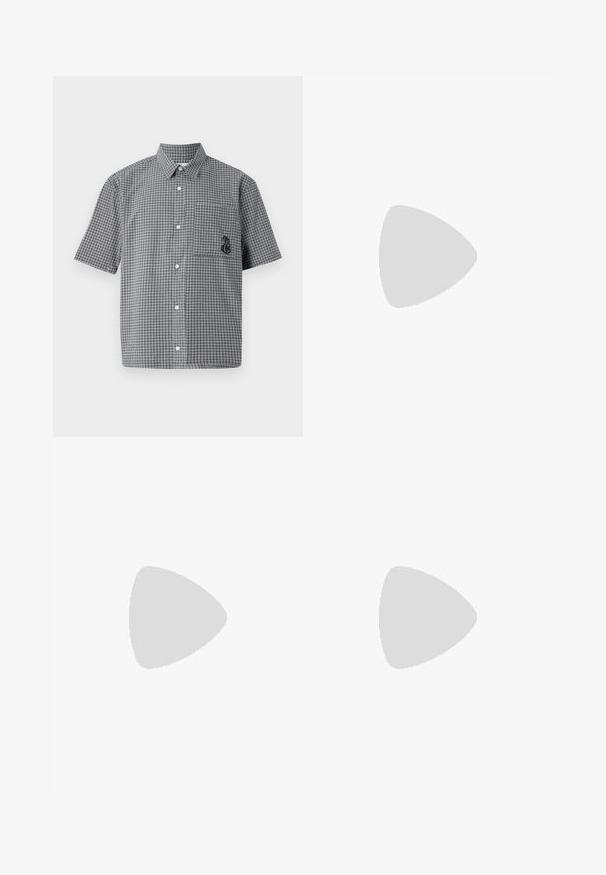 Short-sleeved button-up shirt in black and white check pattern, featuring a chest pocket and embroidered seahorse detail. Cotton material.; Black short-sleeve polo shirt featuring a textured, abstract pattern. The collar is flat and slightly open, enhancing the relaxed design.; Denim shorts in light blue with a classic cut. Features five pockets, orange stitching accents, and raw-edge hems.; Black leather loafers with a smooth finish, rounded toe, and decorative stitching on the vamp. Low stacked heel and slight shine.