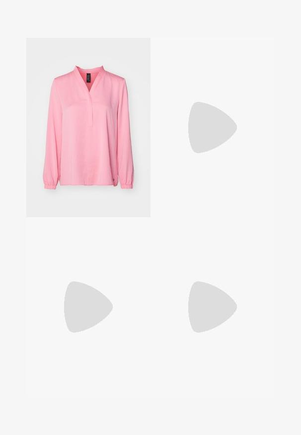 Pink long-sleeve blouse with a V-neck, elastic cuffs, and a straight hem. Made of soft fabric with a smooth texture. No visible patterns.; Black tailored trousers with a straight-leg design, featuring a smooth texture and crisp creases along the front. No visible hardware.; Black patent leather heels with a pointed toe, adjustable ankle straps, and a slender heel. Smooth texture with a shiny finish.; Black leather handbag with a structured design, featuring a cropped shape, top handle, and gold hardware accent. Adjustable shoulder strap included.