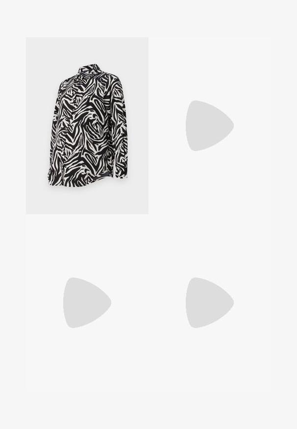 Long-sleeved black and white button-up shirt featuring a bold zebra stripe pattern, smooth fabric, and a classic collar design.; Black wide-leg trousers with a smooth fabric, featuring a high waist, tailored seams, and a minimalist design. No visible hardware or pockets.; Black leather ankle boot with a block heel and platform sole, viewed from the side on a plain white background.; Black handbag with structured shape, smooth texture, and a metallic clasp. Paired with wide black pants and open-toe sandals on wooden floor.