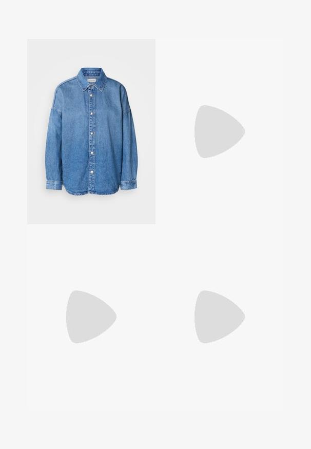 Chemise en denim bleu clair avec un col, des manches longues et des boutons argentés, centrée sur un fond blanc.; Jeans ample bleu foncé en denim avec taille haute, ornés de surpiqûres orange, d'un design à cinq poches et d'une fermeture à bouton.; Baskets avec une tige en cuir crème, des accents en daim rose et un talon jaune, dotées d'une semelle en caoutchouc à motif et de lacets blancs.; Lunettes de soleil claires et légères avec des verres ovales, des verres teintés en gris et des branches fines avec un détail métallique sur les tempes.