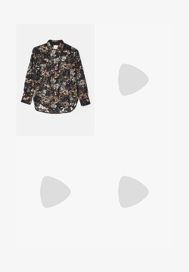 Black sheer shirt embellished with multicolored sequins in floral patterns; features a pointed collar and button-down front.; Black wide-leg trousers made of a smooth fabric with a high waistband, featuring two front pleats and a tailored design.; White high-heel pump with a pointed toe, covered in a fine glitter texture. Silver metallic heel accent adds contrast. Elegant design.; Gold hoop earrings featuring a smooth, rounded design with a polished finish. The earrings have a compact, chunky shape and a seamless clasp.
