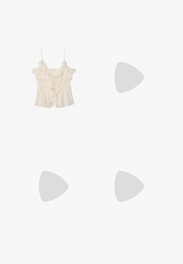 Stradivarius RUFFLED STRAPPY  - Top - beige; Light yellow shorts with a tailored design, featuring front pockets and a straight cut. Made from a soft, smooth fabric.; Nude patent leather high-heeled sandal with a thin ankle strap and circular buckle, open toe design, and a slender stiletto heel.; Pink suede handbag with a rounded shape, featuring fringe detailing at the bottom, gold-tone hardware, and a braided shoulder strap.
