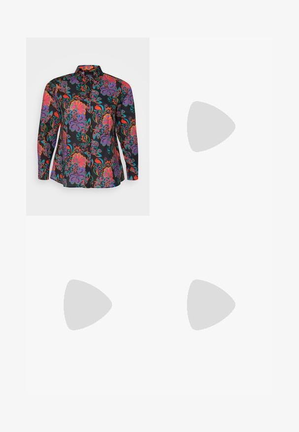 Camisa de manga larga y cuello en tela negra con un vibrante estampado floral y de cachemira en colores púrpura, rojo y turquesa.; Pantalones de lino blancos con un ajuste a medida, que presentan un frente plano y piernas rectas. Textura suave con un ligero detalle de arrugas.; Zapato de tacón de ante azul marino con punta afilada y tacón bloque de altura media. Textura suave con un ligero brillo y un pequeño corte en la parte delantera.; Bolso tote de cuero marrón oscuro con dos asas resistentes, parte superior ajustada y cierre de botón en tono dorado. Superficie texturizada con acentos mínimos.
