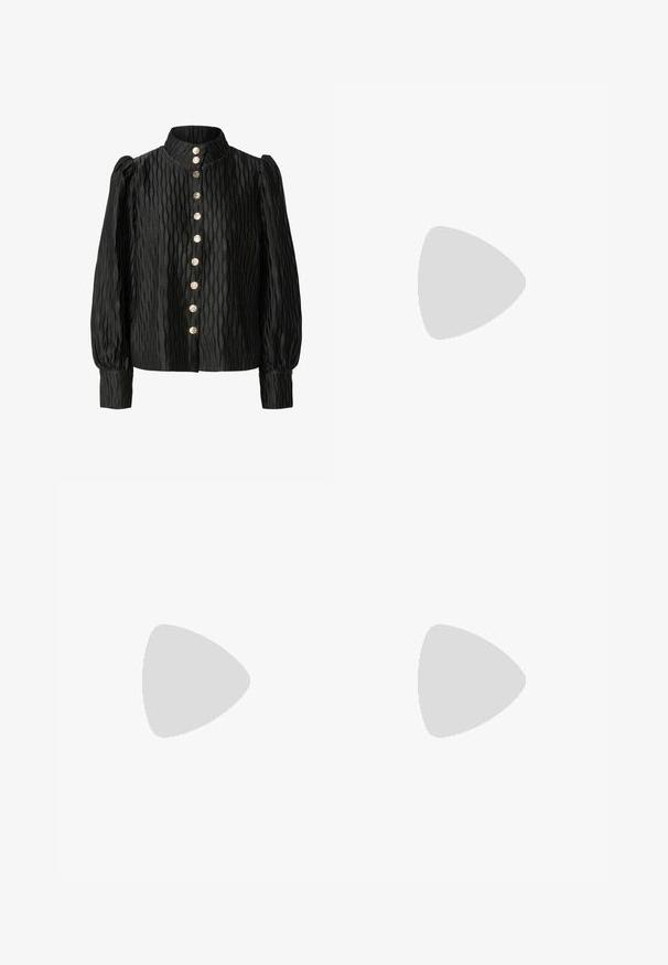 Black, textured blouse with a high collar, puffed sleeves, and a buttoned front featuring metallic buttons and a wave pattern.; Black wide-leg pants made of denim, featuring a structured waistband, belt loops, and front pockets. Smooth texture with a classic design.; Black patent leather slingback shoe with pointed toe, ankle straps featuring silver buckles and hardware, and a slender heel.; Black handbag made of faux leather featuring a star-shaped silver accent, dual handles, and an adjustable shoulder strap.