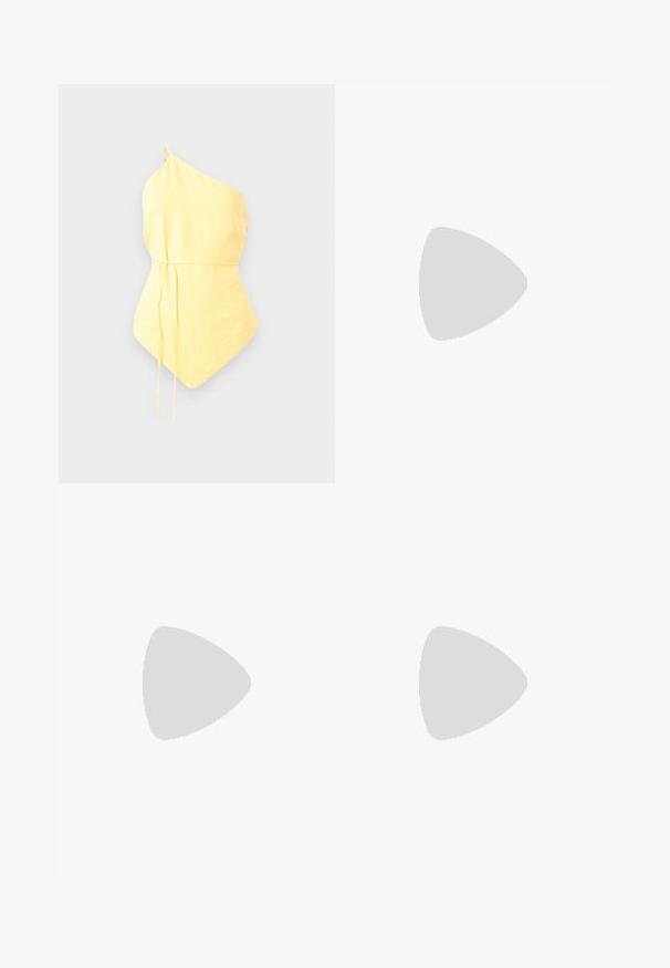 One-shoulder yellow top made of lightweight fabric, featuring a cinched waist with adjustable ties and a pointed hemline. Smooth texture.; Long cream skirt made of textured fabric, featuring a flowing design and a simple waistband. Accented with subtle vertical lines.; Yellow synthetic slingback shoe with a pointed toe, curved cutout design, and a low heel. Adjustable strap with a buckle detail.; Cream-colored, soft faux leather bag with gathered design, adjustable strap, and subtle drawstring closure. Smooth texture and rounded shape.
