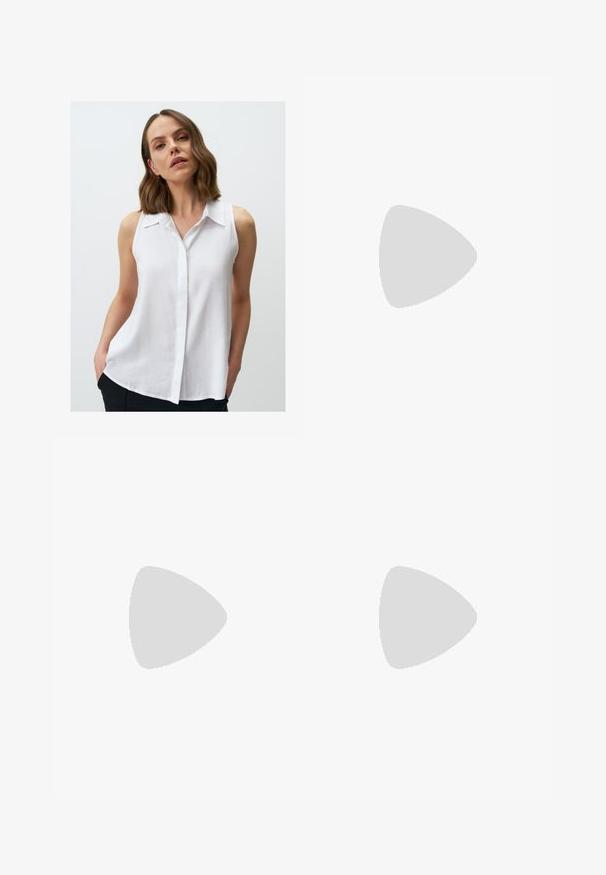 White sleeveless blouse with a button-down front, featuring a collar and a relaxed fit. Fabric appears lightweight with a soft texture.; Black pleated midi skirt with textured fabric, featuring vertical pleats and a fitted waistband, providing a flowing silhouette.; Beige leather slingback heels with a pointed toe, block heel, and strap featuring a small gold buckle. Smooth texture, minimalist design.; Black leather handbag with a structured design, featuring a gold circular logo, a top handle, and a detachable shoulder strap.; Gold rectangular watch with a white face, minimalist hour markers, and a mesh metal band. Features a side crown for adjusting time.