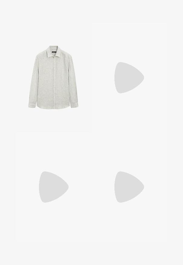 Camicia a righe in grigio chiaro e bianco, realizzata in un mix di cotone e lino. Presenta un colletto classico e maniche lunghe con polsini abbottonati.; Pantaloni in lino di colore beige chiaro, con una vita elastica e cordoncino, design a gamba larga e tasche laterali. Texture liscia.; Mocassino in pelle bordeaux con punta tonda, dettagli cuciti e un piccolo accentu decorativo sulla tomaia. Suola piatta in contrasto.; Occhiali da sole in plastica nera con lenti verdi, montatura quadrata, dettaglio argento sulla parte superiore e steli con texture. Marchio indicato sulla parte interna dello stelo.