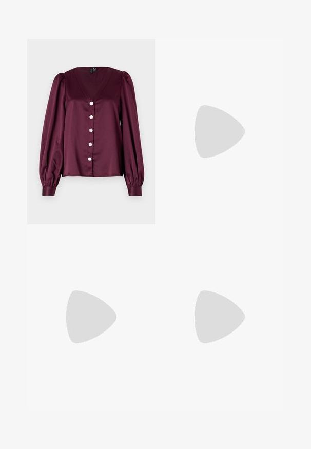 Burgundy blouse with a V-neck, puffed long sleeves, and decorative flower-shaped buttons along the front. Smooth, shiny fabric.; Navy dress pants with a smooth texture, tailored design, flat front, and straight legs. Features belt loops and no visible pockets.; Brown leather cowboy boots with pointed toe and block heel, featuring detailed stitching and raised accents on the shaft.; Sunglasses with a gray gradient lens, gold metal frame, and black plastic accents. Unique butterfly-shaped lenses with thin arms.; Gold hoop earrings with a smooth, shiny finish. Circular design featuring a small post and clear backing for secure wear.