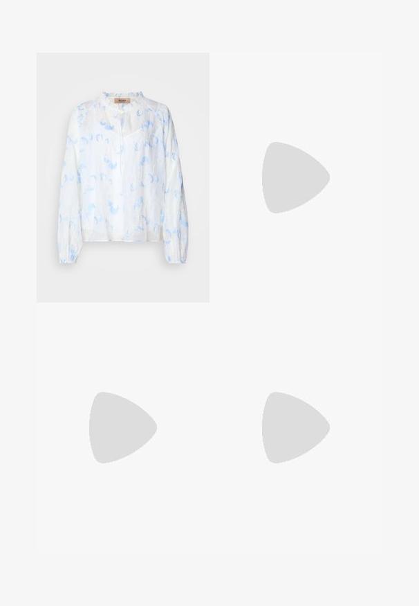Blouse blanche avec broderies florales bleu clair, col rond et manches à poignets élastiques. Tissu léger et transparent avec une coupe décontractée.; Pantalons larges beiges en tissu lisse, avec des plis à l'avant, une taille cintrée et des poches latérales. Finition du bas propre.; Bottes de cow-boy en cuir tan avec un bout pointu, des motifs en spirale brodés sur la tige, et un talon bloc empilé. Équipées d'une languette pour un enfilage facile.; Lunettes rectangulaires marron avec des verres transparents et des nuances violacées. Monture en plastique lisse avec des branches droites et des accents subtils.