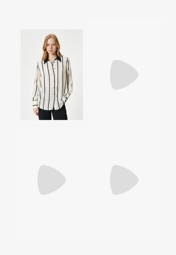 Beige blouse with black vertical stripes, a pointed collar, long sleeves, and button closure. Smooth fabric with glossy finish.; Brown wide-leg jeans made of denim, featuring a front button closure, five pockets, and visible stitching details.; Burgundy patent leather slingback shoes with a pointed toe, featuring two adjustable buckled straps and silver hardware accents.; Burgundy leather handbag with a soft, gathered design and a rounded shape. The handle is secured, showcasing a smooth texture.