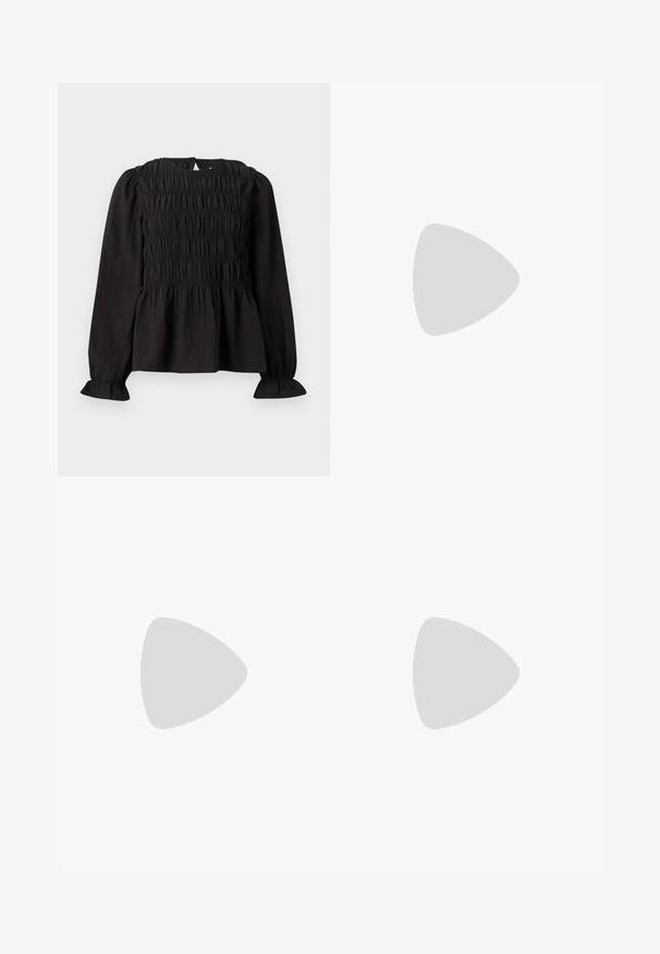 Black long-sleeve blouse with smocked texture, round neckline, and flared cuffs. Features a keyhole back opening and gathered waist design.; Black and white patterned trousers with a high waist, featuring a swirling abstract design and a straight leg cut. Smooth fabric texture.; Black patent leather slingback heels with a pointed toe and a geometric block heel. Features a sleek, minimal design and smooth texture.; Black leather handbag with a curved shape, detachable strap, and gold hardware. The bag features a flap with a buckle detail.