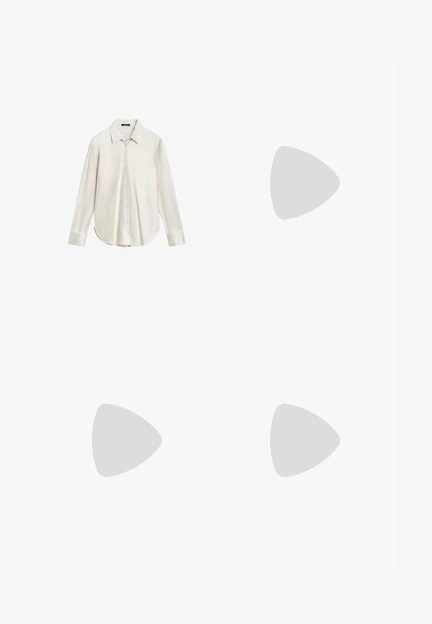 Camicia bianca a maniche lunghe realizzata in tessuto morbido, con colletto classico, chiusura frontale con bottoni e orlo curvo. Design semplice senza motivi.; Pantaloni ampi marroni con una texture liscia, caratterizzati da una vita alta e pieghe frontali. Il tessuto è leggero e scorre liberamente.; Tacchi slingback beige con punta affusolata, sottili cinturini incrociati e tacco a stiletto corto. Tessuto liscio con inserti in hardware dorato.; Borsa in pelle marrone con parte superiore arricciata e tracolla a catena. Texture liscia con finitura lucida e dettagli di cucitura sottili sui lati.