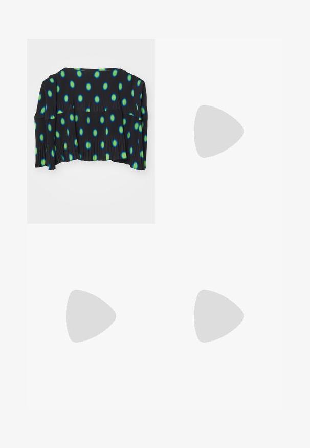 Black long-sleeve top with vibrant blue and green polka dots, featuring pleated texture and a loose fit design.; Black knee-length shorts made from cotton, featuring a flat front, belt loops, and no visible pockets. Smooth texture and tailored fit.; Stuart Weitzman POWER 75 - High heels - black; Black leather bucket bag with a textured finish, gold hardware accents, and an open top. Features a short handle and adjustable shoulder strap.