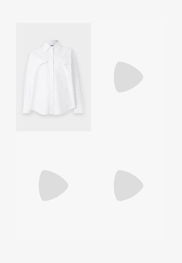 White long-sleeve shirt with a classic collar, two front pockets, and a relaxed fit. Crafted from cotton, featuring a smooth texture.; Long-sleeve, light beige top with a round neckline. Made of soft fabric, features a central seam and slightly curved hem. No visible hardware.; White denim shorts with a straight cut, five-pocket design, front button closure, silver hardware, and stitched detailing.; Black pointed-toe mule with a sleek design, made of smooth fabric, featuring a slender heel and open back for easy wear.