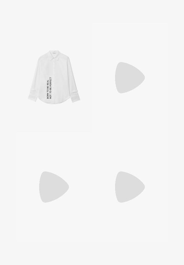 Chemise blanche à manches longues présentant un col classique, une fermeture à boutons et un design de texte sur le côté : "NÉ POUR ÊTRE RÉEL PAS POUR ÊTRE PARFAIT."; Pantalons larges blancs en tissu doux, dotés d'une taille à cordon de serrage et de deux poches avant. Texture lisse et sans motifs visibles.; Baskets blanches en toile avec une semelle épaisse, bout arrondi et cinq œillets pour les lacets. Onglet arrière pour un enfilage facile. Texture lisse, design minimaliste.; Sac fourre-tout en cuir marron avec une texture lisse, design à ouverture supérieure et deux poignées pour le porter à l'épaule. Présente des coutures minimales et aucun matériel visible.