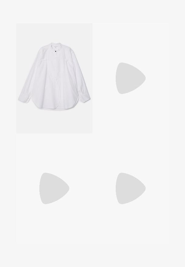 White long-sleeve shirt with a stand-up collar, two chest pockets, curved hem, and button-down front. Slightly textured cotton fabric.; Black tailored trousers with a straight-leg design, featuring a smooth texture and crisp creases along the front. No visible hardware.; Black leather slingback high-heeled shoe with a pointed toe, smooth texture, and a narrow ankle strap featuring gold hardware accents.; Black leather handbag with a structured design, featuring a cropped shape, top handle, and gold hardware accent. Adjustable shoulder strap included.