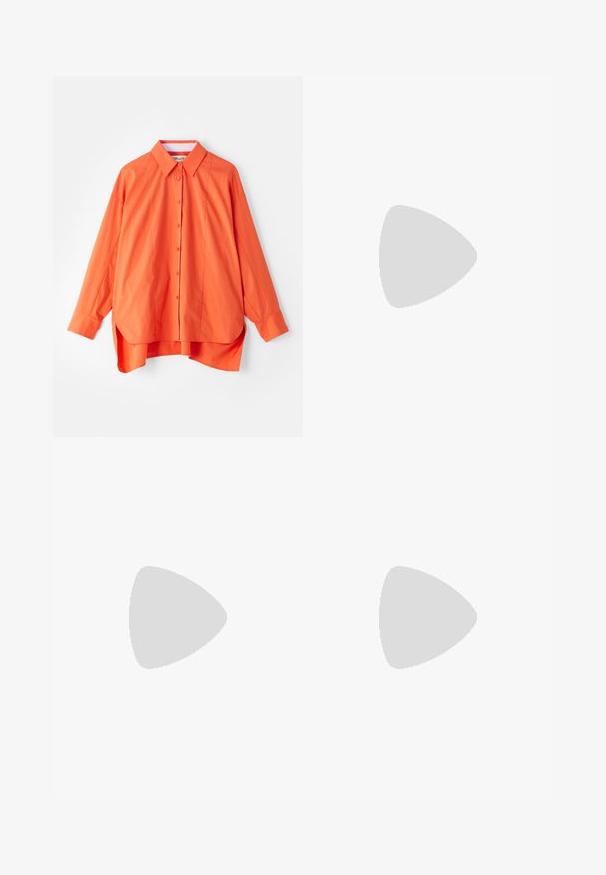 Orange button-up shirt with a collar, long sleeves, and a slightly curved hem. Made of a smooth fabric with a relaxed fit.; Black knee-length shorts made from cotton, featuring a flat front, belt loops, and no visible pockets. Smooth texture and tailored fit.; Black patent slingback heel with a pointed toe, featuring textured snake print, adjustable strap, and a short, textured block heel.; Black leather crossbody bag with two front pockets, gold buckles, zipper closure, and a slim strap. Textured surface and compact rectangular shape.