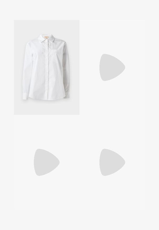 Balta ilga rankovė marškiniai, pagaminti iš medvilnės. Turi klasikinį apykaklę, priekį mygtukais užsegamus ir vieną krūtinės kišenę. Lygi tekstūra.; Juodos platėjančios kelnės su lygiu paviršiumi, pritaikyta juosmeniu ir priekinių kišenių dizainu, sukurtos su modernia, elegantiška siluetu.; Juodos odinės šlepetės su smailiu nosiu ir žemu kulnu, kurių priekį puošia tekstūruota juostelė ir metalinė detalė. Lygi paviršius ir elegantiškas dizainas.; Juodas odinis rankinukas su auksine grandine, glotnus paviršius ir auksinė logotipo detalė. Pridedama reguliuojama dirželis, kad būtų patogi naudoti.; Auksiniai auskarai-žiedai su poliruota danga, pasižymintys storu, apvaliu dizainu ir saugiu uždarymo mechanizmu. Lygus paviršius ir blizganti išvaizda.