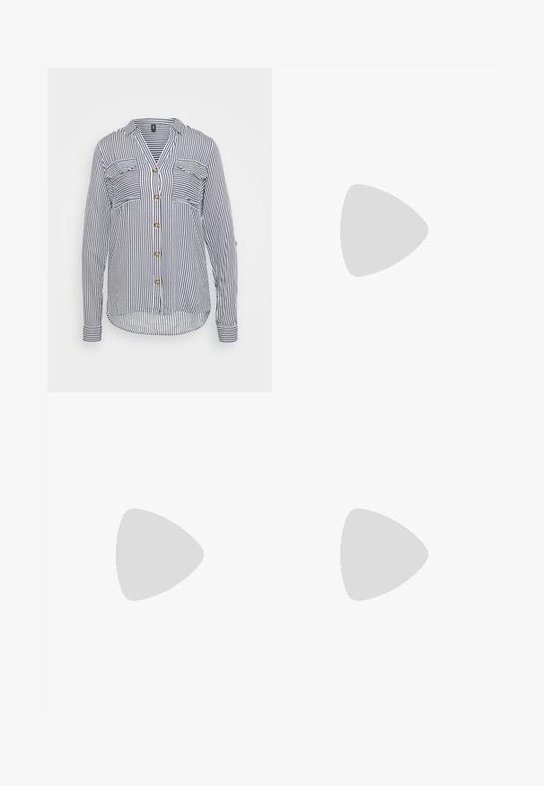 Camisa de botonadura a rayas con rayas verticales en navy y blanco, dos bolsillos en el pecho y botones dorados. Manga larga con detalles en los puños.; Dos camisetas de tirantes para mujer: una blanca y una negra, hechas de tejido suave, con finas tiras y un diseño de escote en V profundo.; Falda negra con flores que presenta patrones en rosa y verde, diseño acampanado y dobladillo con volantes. Fabricada en tela ligera y semi-translúcida.; Sandalia negra sin hebillas con tiras cruzadas. Fabricada en cuero suave con una suela plana y costuras mínimas. Diseño simple de punta abierta.; Gafas de sol negras de gran tamaño con un diseño geométrico, lentes rectangulares y un acabado brillante. Sin marca visible en la parte frontal.