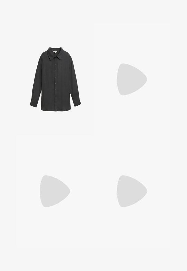 TOM TAILOR DENIM Gombos blúz - shale grey melange; Fekete, egyenes lábú nadrág szőtt anyagból, lapos elejű, két oldalzsebbel és sima textúrával. Nincsenek látható minták vagy részletek.; Fekete bőr platform papucs lekerekített nyitott orral, alacsony blokk sarokkal és sima textúrával. Minimalista dizájn, letisztult vonalakkal.; Fekete bőr táska sima textúrával, kerek formával és egyetlen vállpánttal, amely kör alakú, arany színű díszítéssel rendelkezik.