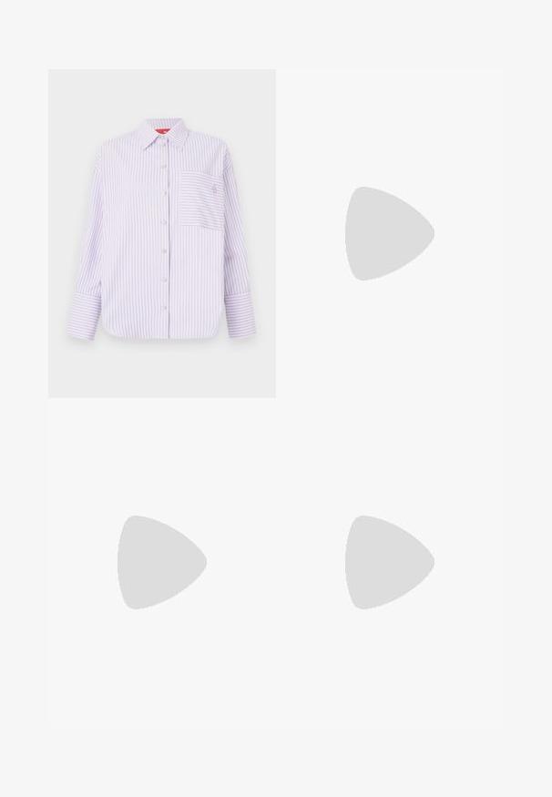 Light purple button-up shirt with vertical stripes, single chest pocket, and a collar. Features long sleeves with wide cuffs and subtle logo detail.; White, wide-leg trousers with a high waist, featuring two front pleats, a single button closure, and pockets. Smooth fabric texture.; Beige and black two-tone slingback shoe with a pointed toe, flat heel, and crisscross strap detail. Smooth leather texture.; White rectangular clutch bag made of glossy material, featuring a silver chain strap. Model poses, showcasing the bag against a plain background.